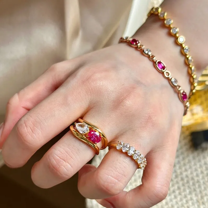 Fashion Pink White Zircon Geometric Rings for Women New Stainless Steel Adjustable Ring Bridal Wedding Jewelry Accessories Gift
