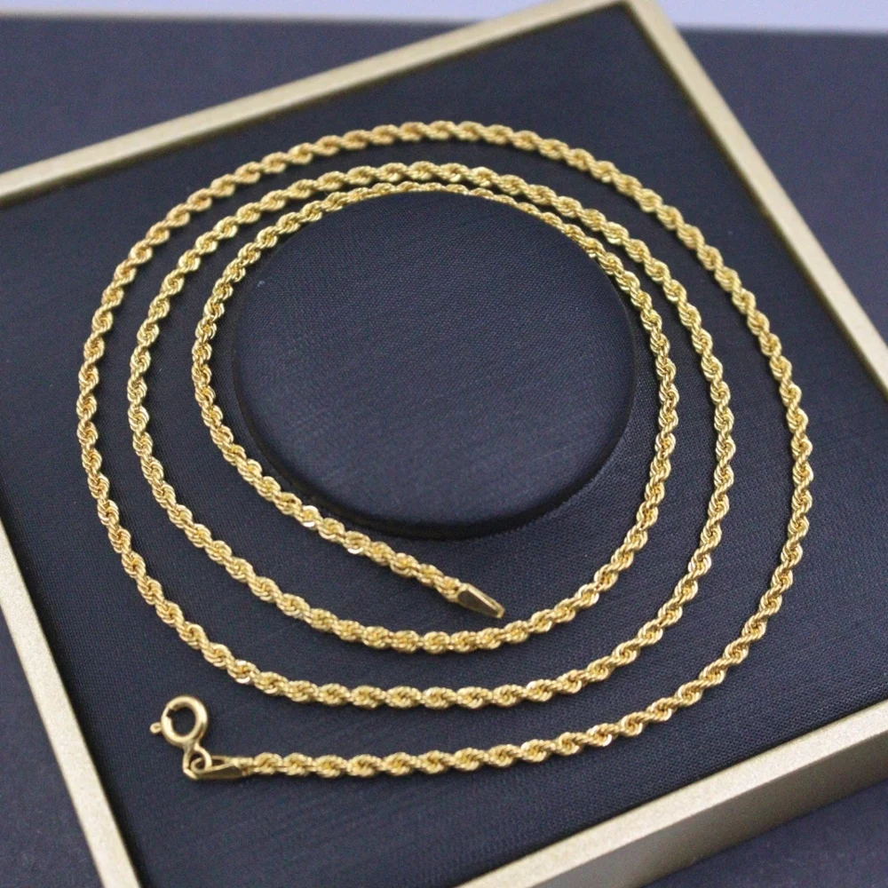 Real Pure 18K Yellow Gold Chain Women Lucky 2mm Width Twist Rope Necklace 3.2g/50cm