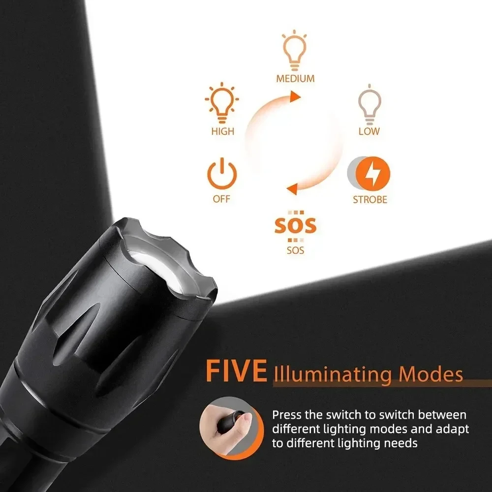 High Power Outdoor Led Flashlight 5 Lighting Modes  Aluminum Alloy Zoom Tactical Torch Use 18650 Battery Camping Emergency Lamp