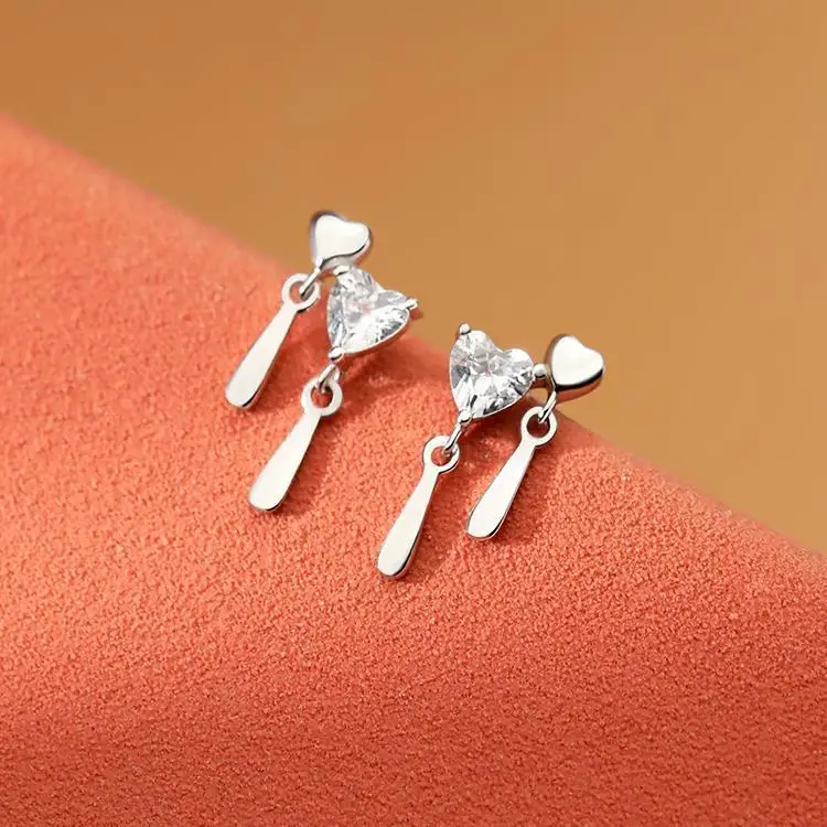 RYJU 925 Sterling Silver Sweet Double Heart Drop Zircon Piercing Earrings for Women Wedding Romantic Fashion Jewelry Accessories