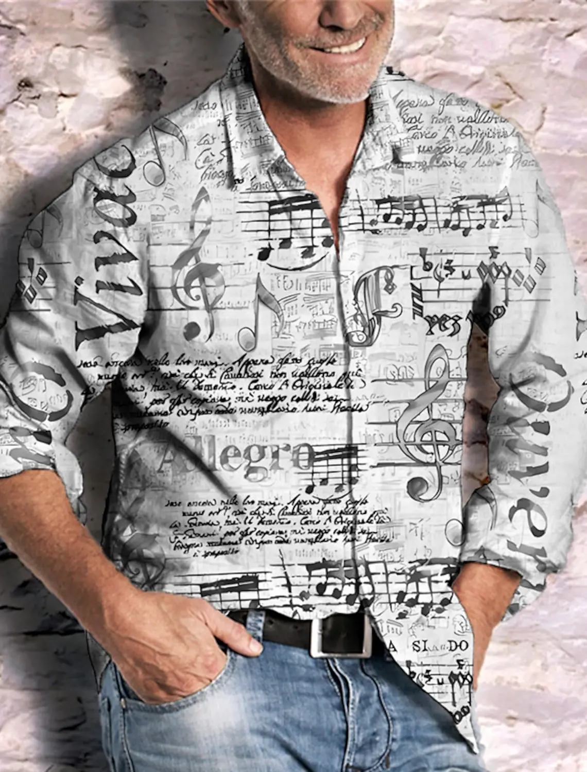 Casual Dark Men\'s Shirt Button Shirt Long Sleeve Party Autumn Winter Spring Summer 3D Printed Musical Note Lapel Shirt Button