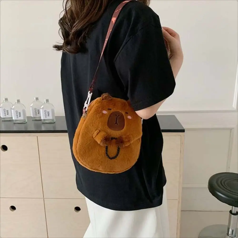 

Animal Cartoon Capybara Plush Shoulder Bag Large Capacity Zipper Capybara Crossbody Bag Fashion Cotton Cartoon Capybara Handbag