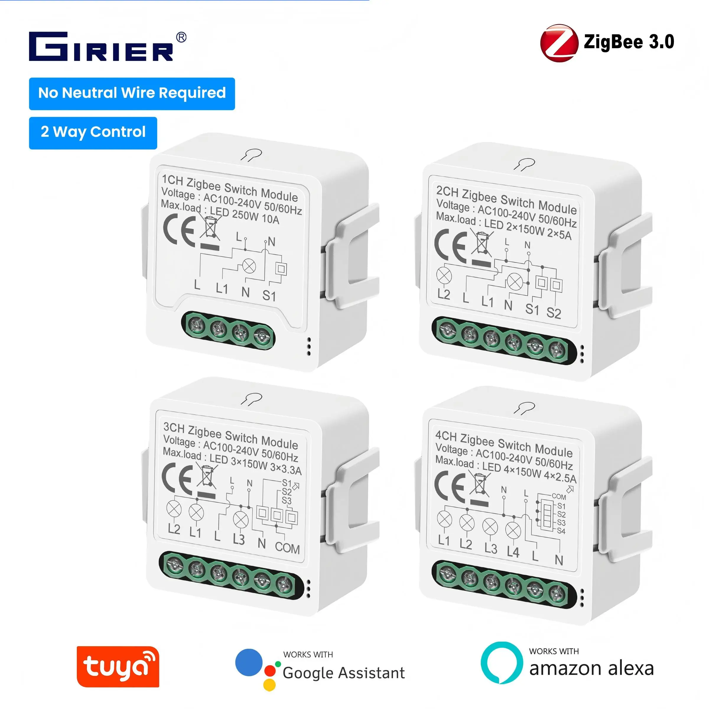 

GIRIER Tuya ZigBee 3.0 Switch Module 10A Smart Home DIY Breaker 1 2 3 4 Gang Supports 2 Way Control Works with Alexa Google Home