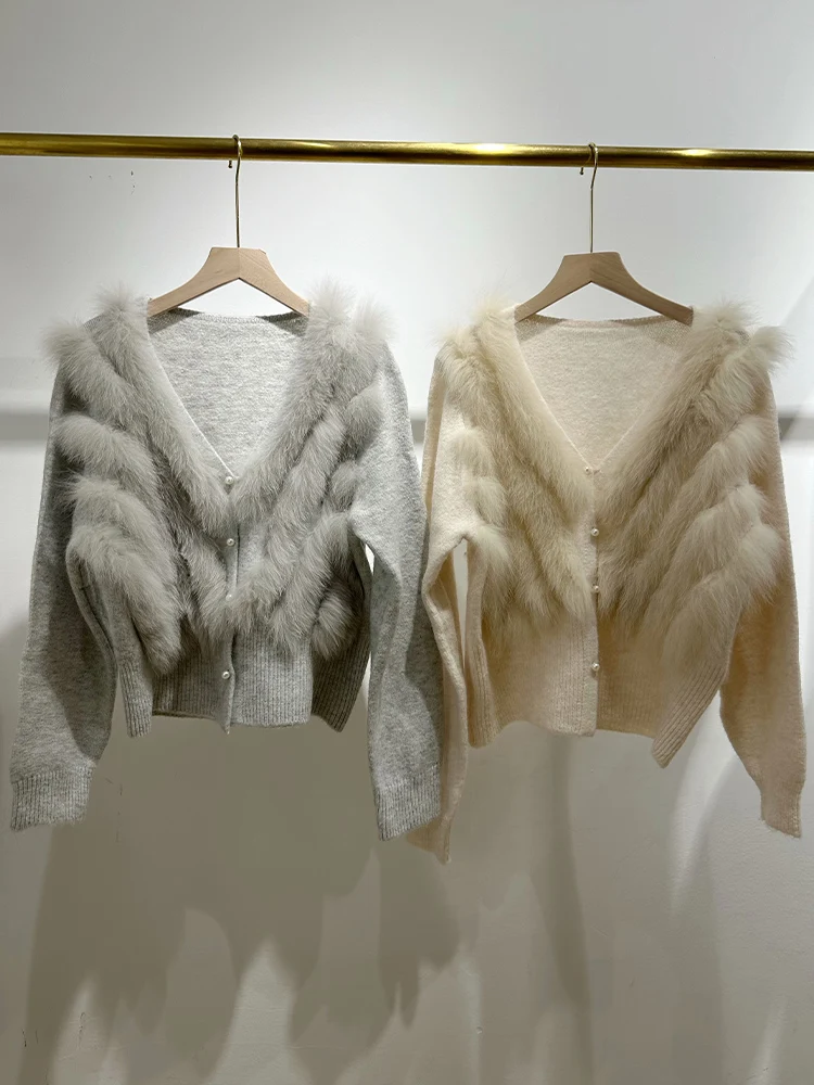 2026 Women's Spring Autumn Real Fox Fur Knitted Cardigan Fox Fur Collar Sweater Full Sleeves Femeale Luxury Coat