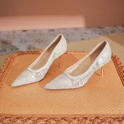 2025 Fashion High Heels Lace Plus Size 39 Women Shoes 8cm Thin Heels Banquet Wedding Shoes Sexy Pointed Toe Ladies Party Shoes