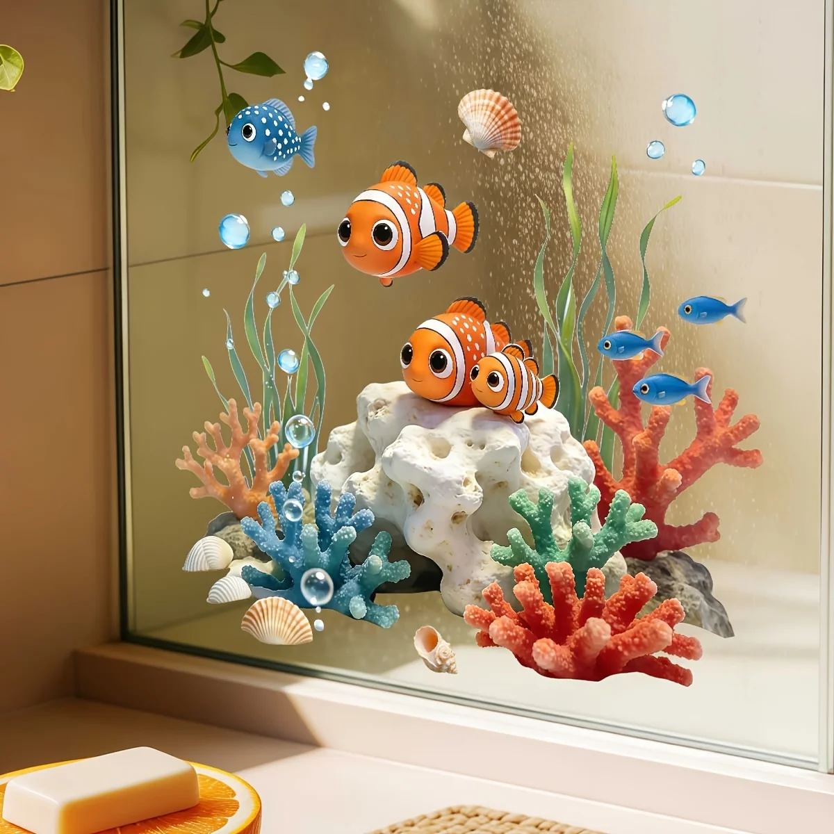 1pc Cartoon Underwater World Themed Glass Decals,suitable for decorating bathroom,kids' room glass tiles,a fun gift for children