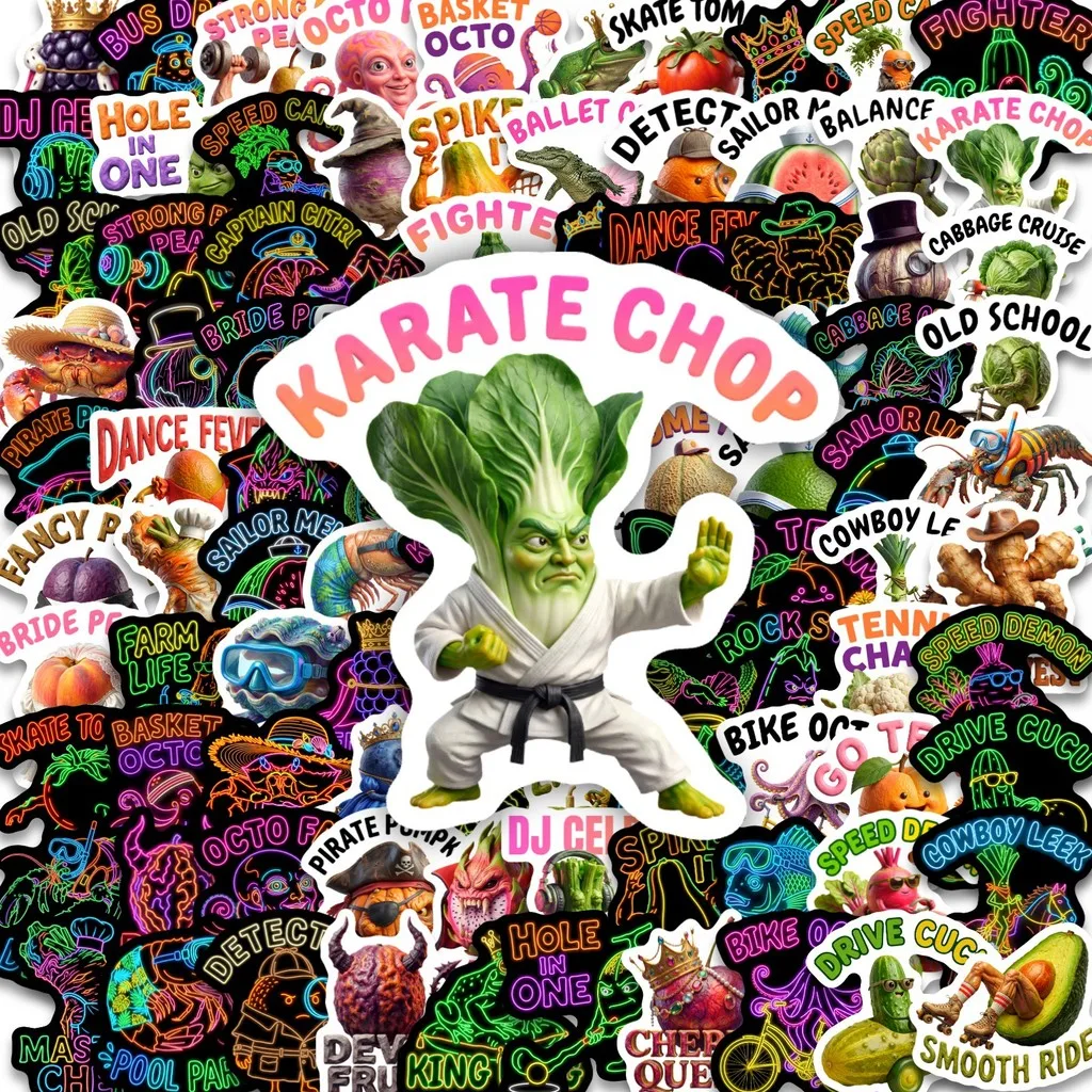 Neon Meme-themed Cartoon Sticker Pack 50/100 Sheets, Whimsical Humanized Produce Stickers for Customizing DIY Papery Pop Store