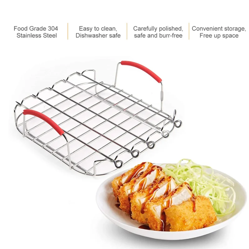 CLIM-9 Inch Stainless Steel AirFryer Grill Rack Versatile Square Roasting Grill with Skewers Baking Tray AirFryers Holder