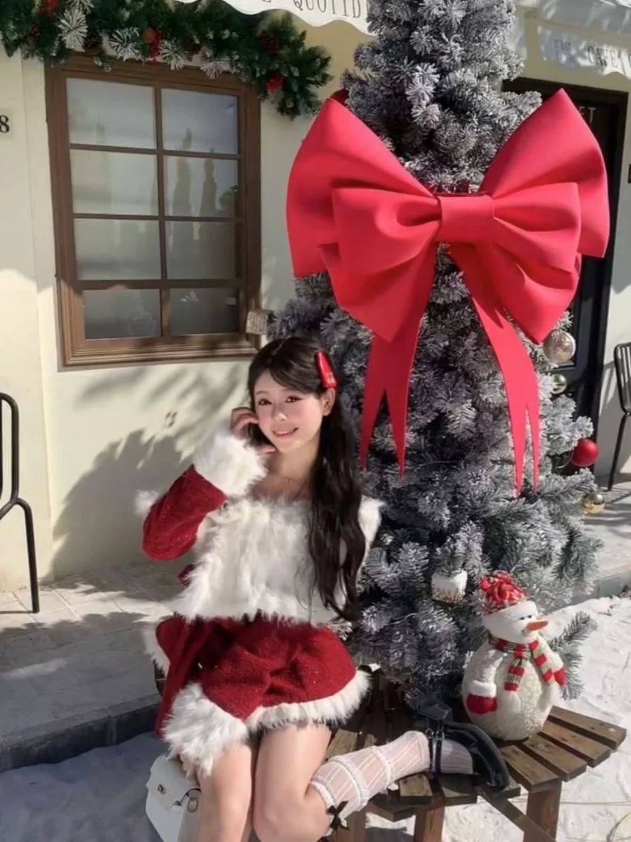 

Christmas Atmosphere Red Lace Short Skirt Two-Piece Set One-Shoulder Splice Slimming Top Polyester Fabric for Young Women