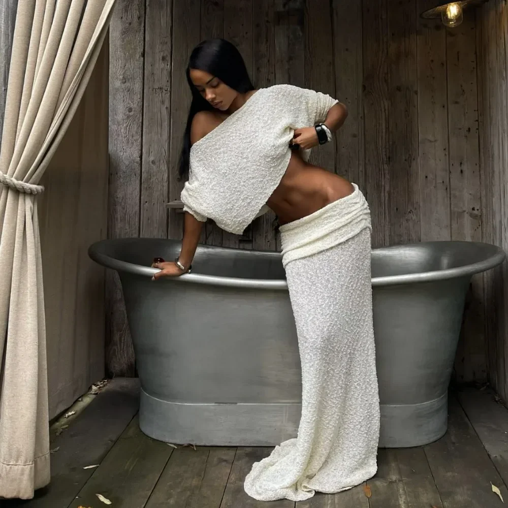 

Laxsesu Summer Knit Beach Skirt Sets Women Sexy See Through Two Piece Outfits Long Sleeve Top and Maxi Skirt Matching Set 2025