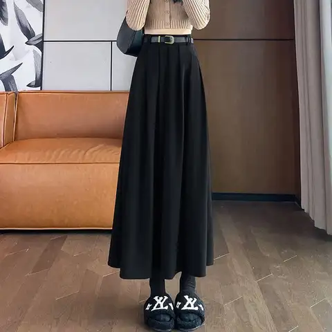 세트 여성 미디 스커트, 중간 기장 하이웨이스트 슬림 라인 A라인 엄브렐러 스커트, 블랙 플리츠 롱 스커트, 분위기 있는