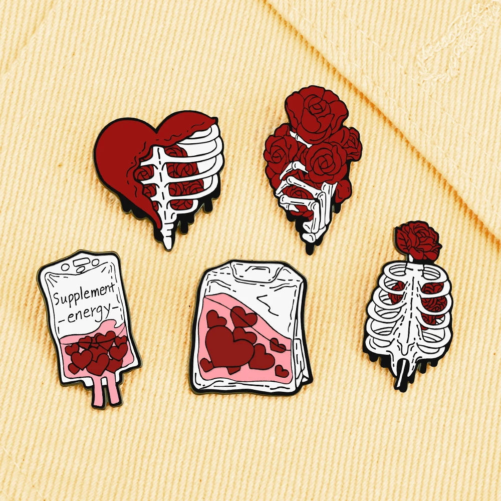 New Punk Style Skeleton Rose Enamel Pins Romantic SUPPLEMENT ENERGY Infusion Bag Brooches Couple Lover Pins Jewelry Gift Custom