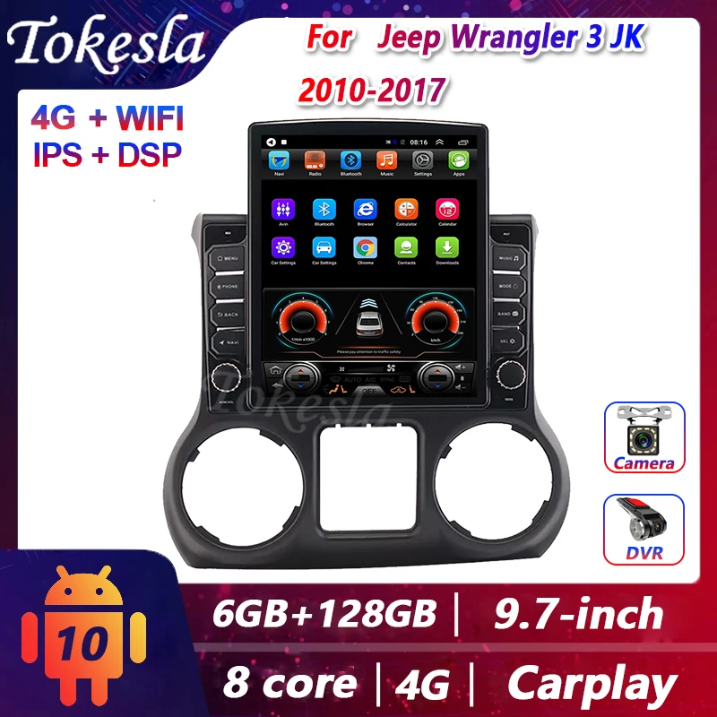 Tokesla For Jeep Wrangler 3 JK Car Radio Android Multimedia Vodeo Dvd Player Tesla Touch Screen 2 Din Stereo Receiver Navigation 