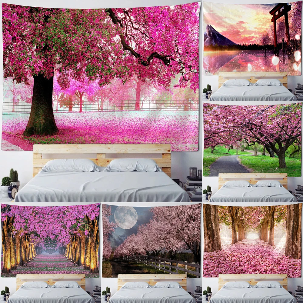 Beautiful natural forest tapestry cherry blossom scenery wall hanging hippie room art wall decoration bohemian home decoration