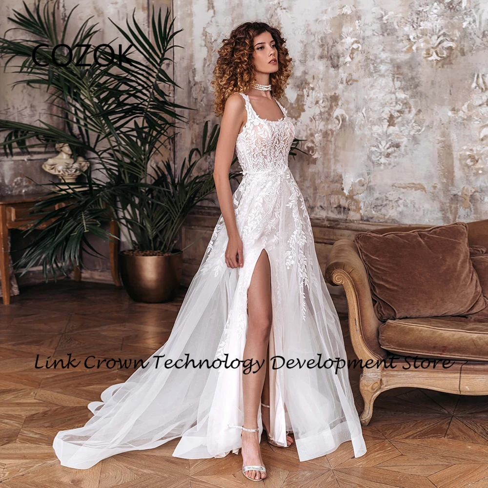 Wunderschöne Spaghetti träger weiße Brautkleider für Prinzessin Seitens chlitz Brautkleider mit Spitze neue Sommer Vestidos de Novia