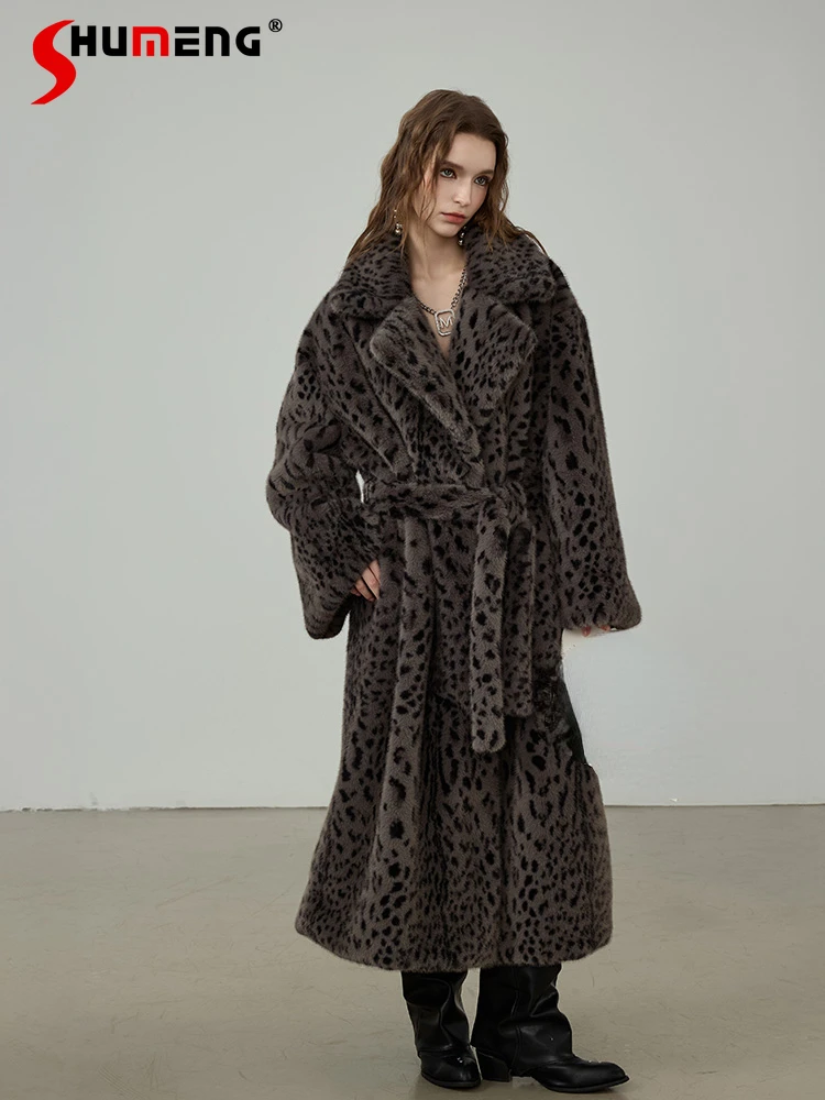 

2024 Winter New Female Thickened Leopard Print Fur Trench Coats Original Design Waist-tight Long Sleeve Imitation Mink Fur Coats