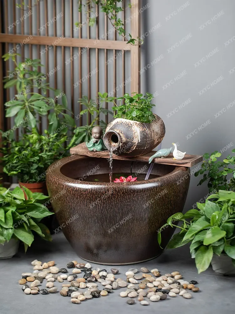 Ceramic Big VAT Ancient Fish Tank Living Room Balcony Floor Fish Globe Pottery Pot Circulating Water Landscape Old-Fashioned