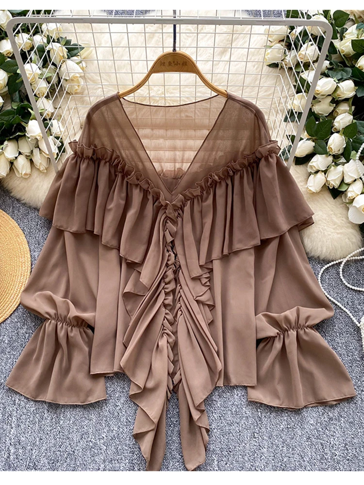 

Новая весенне-осенняя женская шифоновая блузка с рюшами и роговыми рукавами, топ абрикосового цвета, модная элегантная свободная Blusa Feminina C313