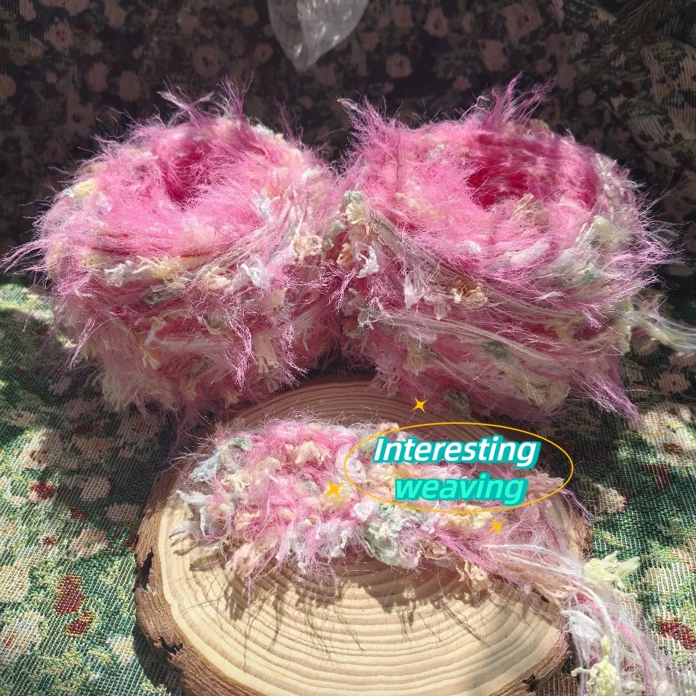 100g Pfirsichrosa-Custard-Gelb Farbverlauf Flauschiges Handgemischtes Garn, Imitiertes Mohair Langhaariges Garn, Handgefertigter DIY Gehäkelter Schal