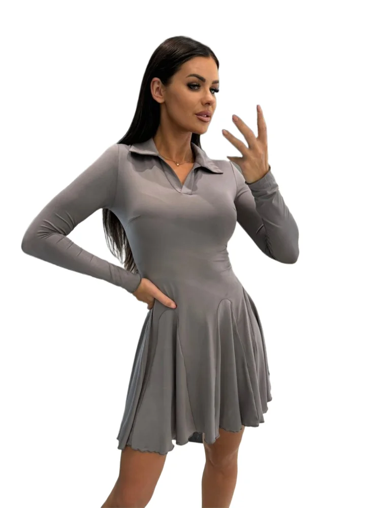 

Spring Autumn New Simple Style Slim Mini Dresses Women Fashion POLO Collar Long Sleeve Bodycon Pleated Dress Female Vestidos