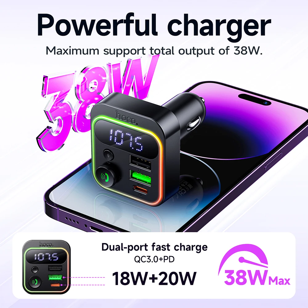 Ładowarka samochodowa HOCO PD20W QC3.0 z Bluetooth 5.4, transmiter FM, oświetleniem RGB, odtwarzaniem z dysku USB i zestawem głośnomówiącym do muzyki i audio. — zdjęcie produktu 2