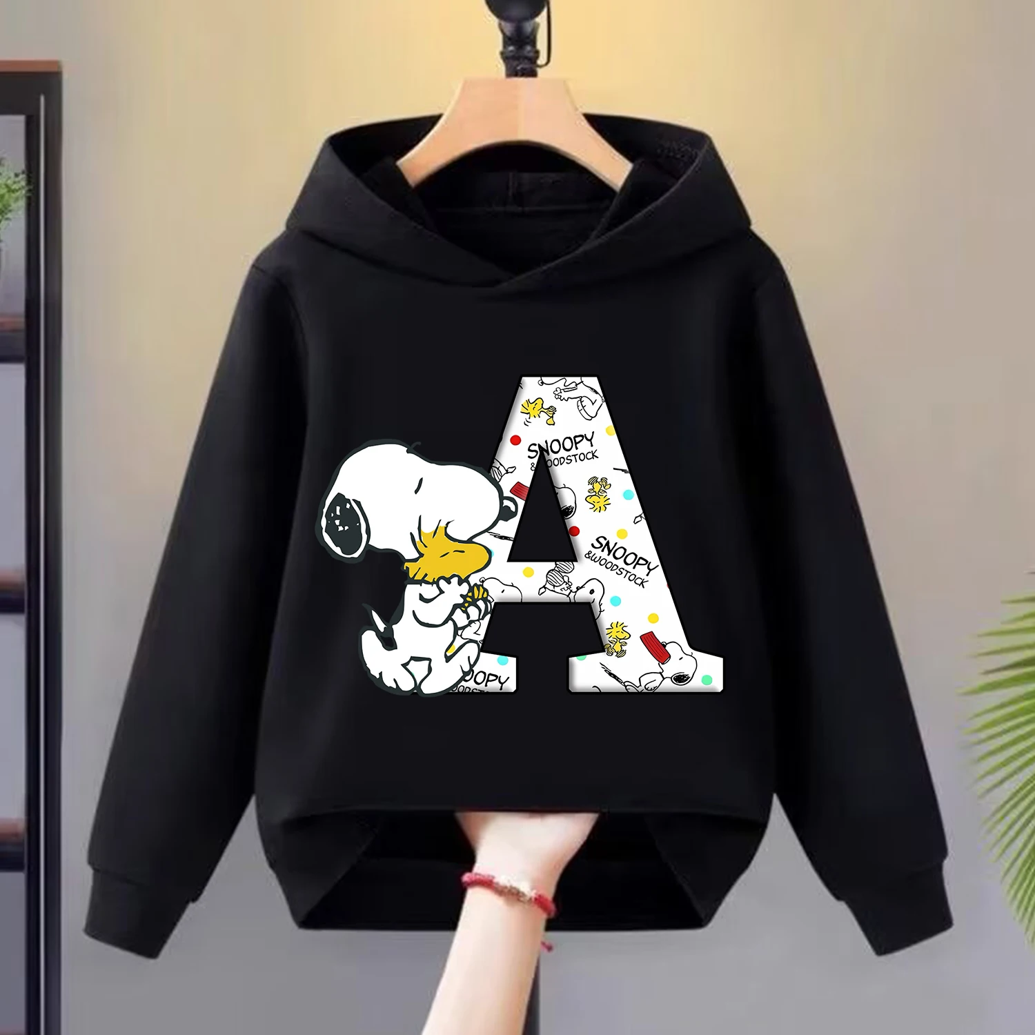 Snoopy New Thick Hoodie for Children A-Z Letter Cartoon Clothes Black Warm Fleece Hoody Clothes Fashion Sweatshirt Top Kids Gift