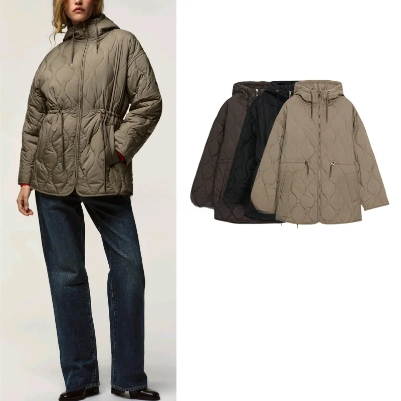 

Новая осенняя женская мода, свободная стеганая куртка с капюшоном и воротником-стойкой с поясом, 837228, длинная молния для поездок на работу