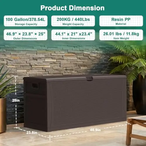 100 Gallon Outdoor Storage Box, Lockable Waterproof Package Delivery Boxes for Outside, Resin Outdoor Storage Deck Box view 5