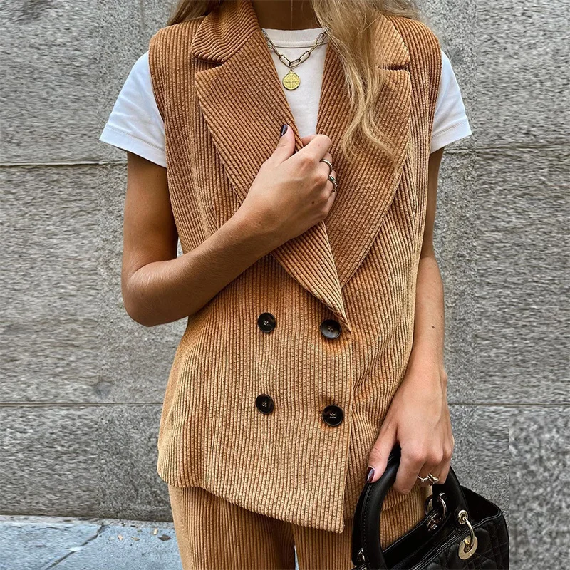 Street Fashion 2022 Autumn and Winter Corduroy Cardigan Suit Collar Single-breasted Sleeveless Solid Color Vest Jacket Women