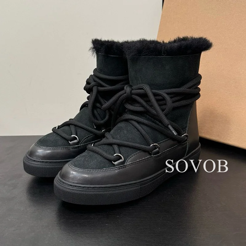 New Winter Solid Color Lace Up Flat Bottomed Short Boots Women Round Toe Retro Anti Slip Warm Snow Boots Versatile Ankle Boots