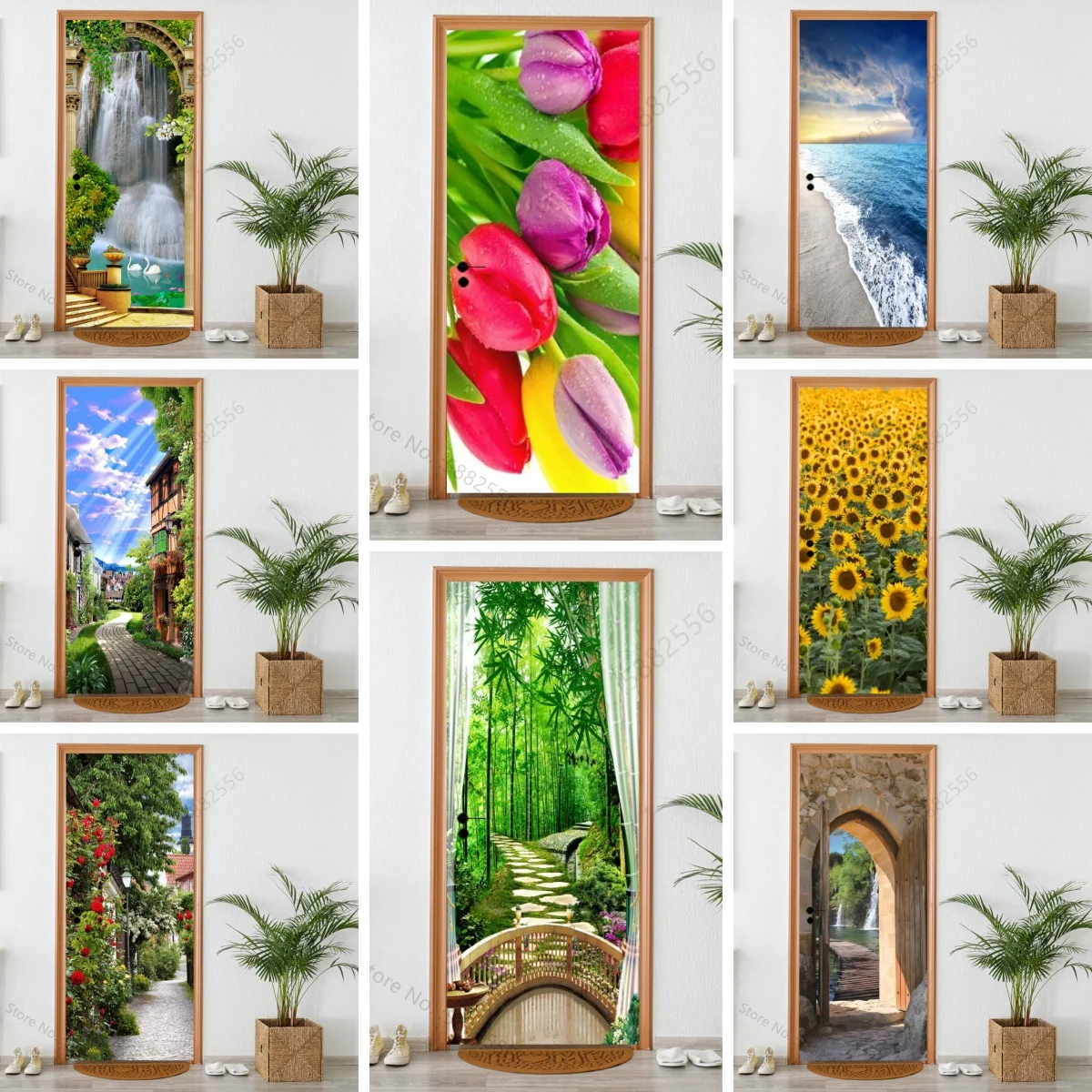 Flower Bouquet Forest Path Door Sticker Self-adhesive Sticker Art Poster Decal Home Waterproof Detachable Decoration Furniture