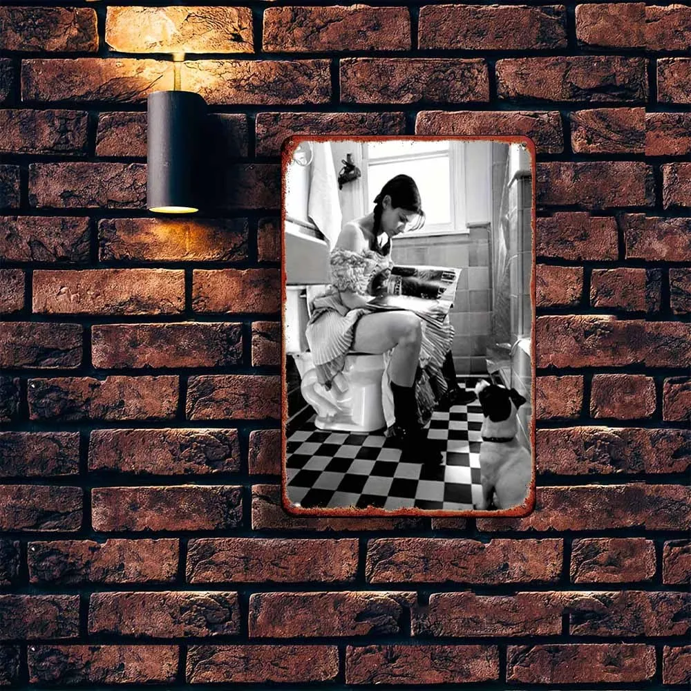 Funny Bathroom Metal Sign – Woman Reading Magazine on Toilet with Pet Dog – Black/White Floor – For Bar, Garage, Garden - view 5