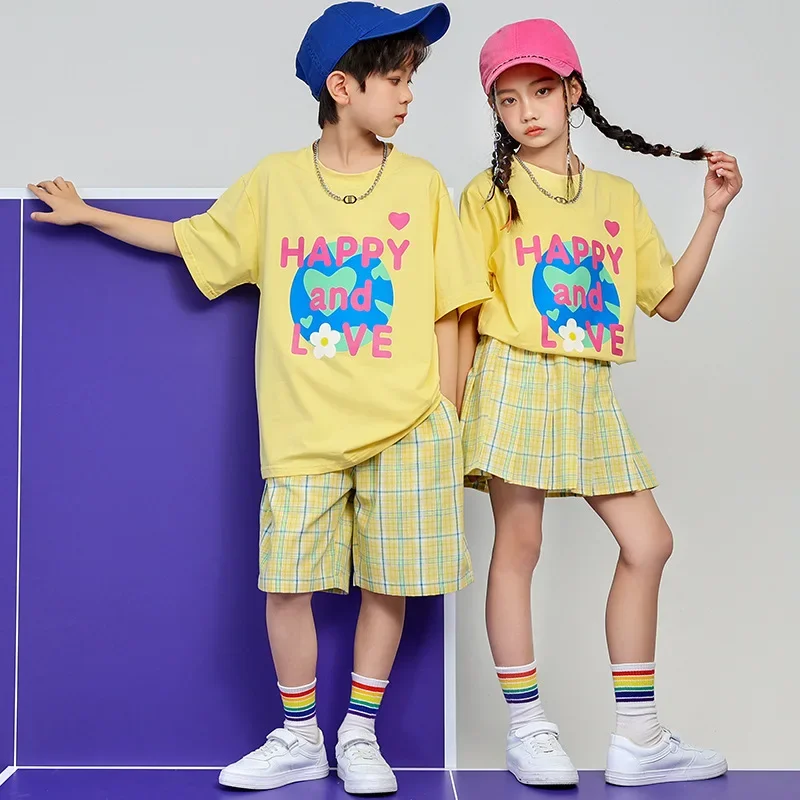 Neue Kinder Jazz Dance Kleidung Mädchen Kurzarm T-shirt Plaid Rock Hip Hop Dance Outfit Kinder Cheerleading Zeigen Kostüme