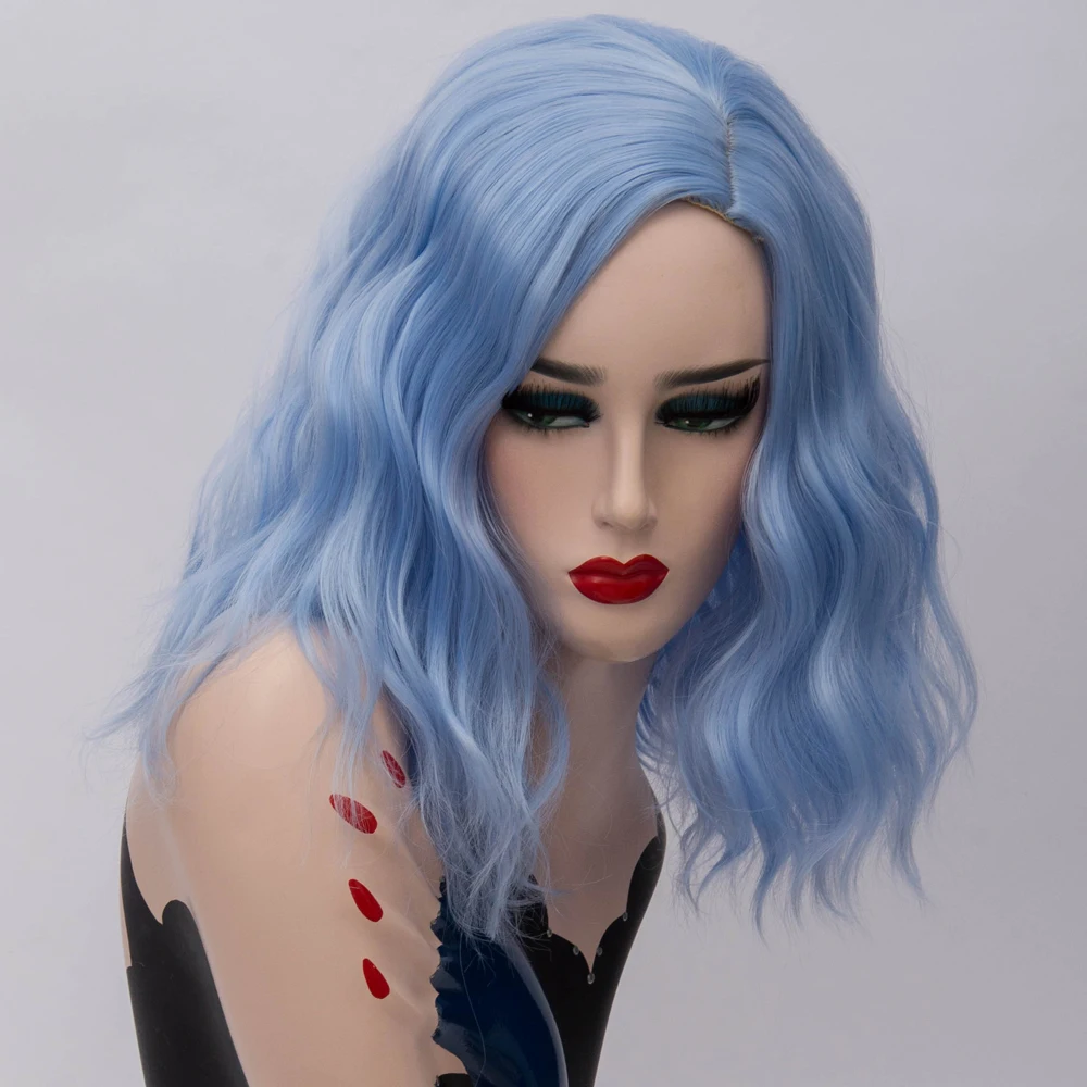 باروكة نسائية قصيرة مموجة باللون الأزرق في الجزء الأوسط مقاومة للحرارة للحفلات التنكرية والحفلات اليومية #4