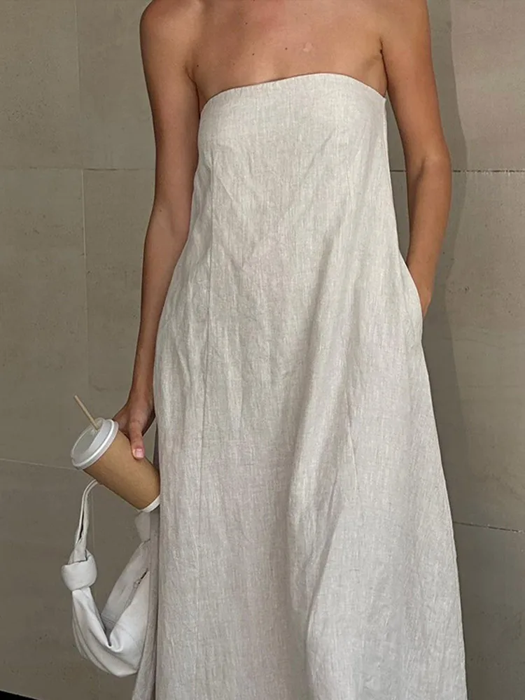 Elegant Linen Strapless Sleevesless A Line Long Dress Women Solid Off Shpilder High Waist Robe Loose Fashion Party Streetwear