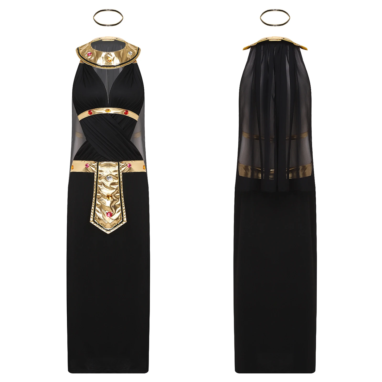 Disfraz de Cleopatra, Reina del Antiguo Egipto, para Mujer, con Decoración Metálica Brillante y Gemas, Vestido con Abertura Lateral y Tirantes, para Halloween y Carnaval