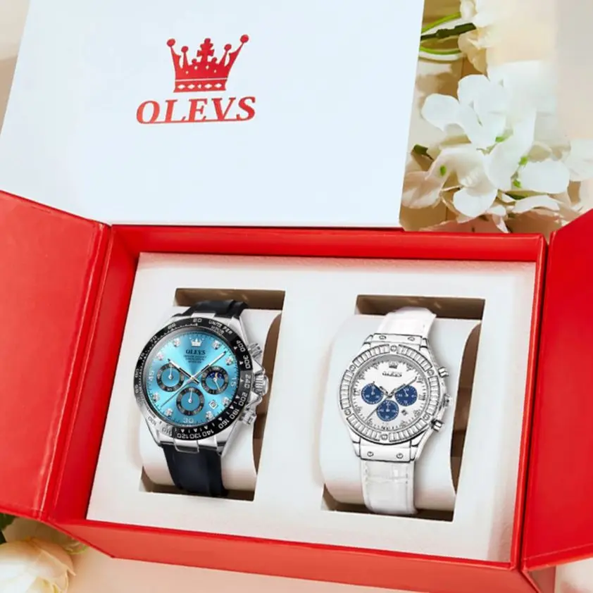 

OLEVS Couple Pair Quartz Watches Calendar Date Multifunction Chronograph His and Hers Wristwatch for Men Women Lovers Gifts Set