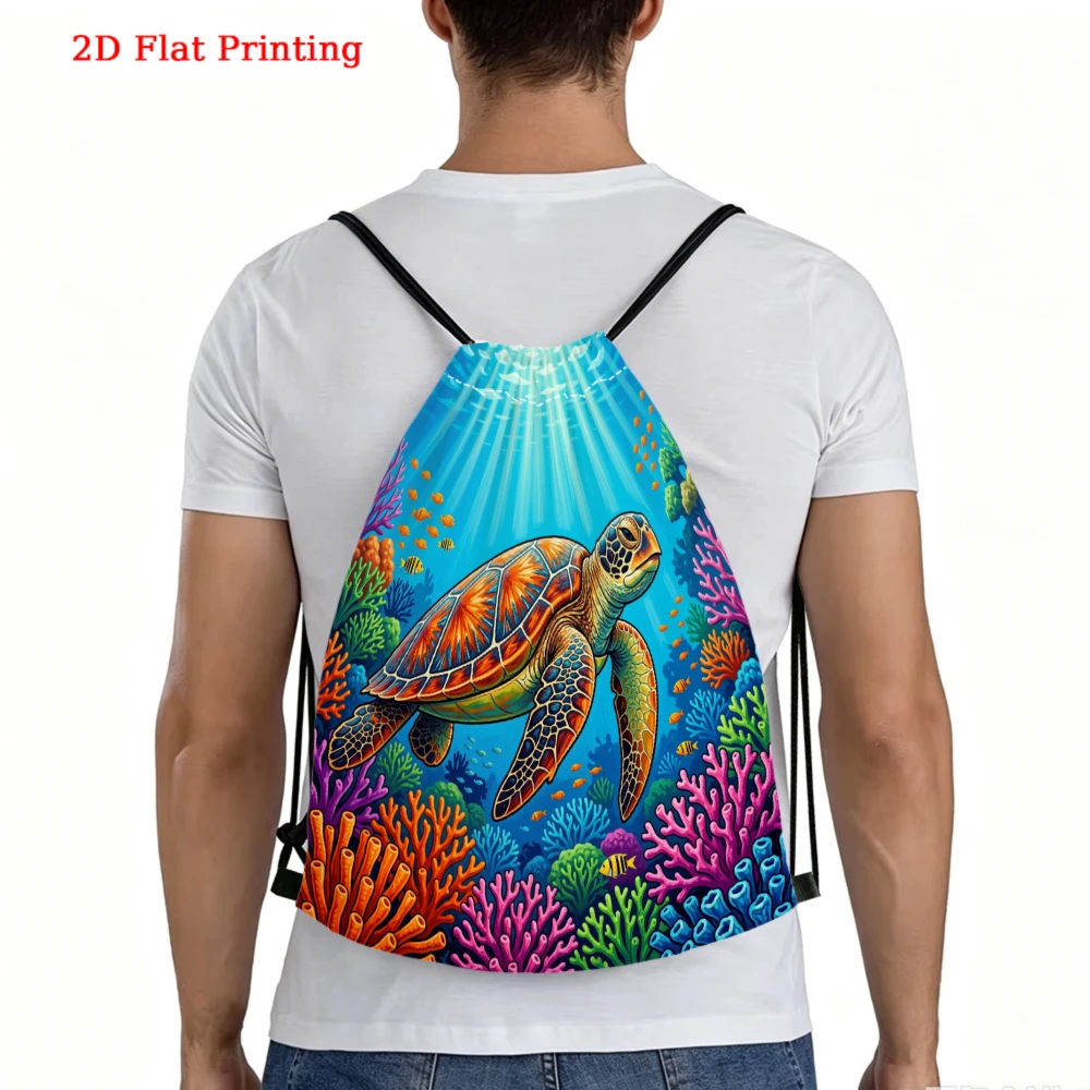 Colorful Sea Turtle Coral Reef Print Drawstring Bag, Travel Shoe Bag, Fitness Sports Backpack, Outdoor