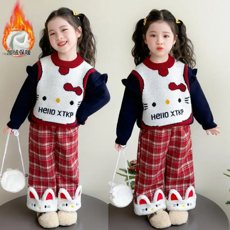 

Girl Cute Kitten Winter Thick Warm Sweater 2025 New Cartoon Anime Korean Edition Fashion Checkered Pants 2Pcs Casual Sweet Set