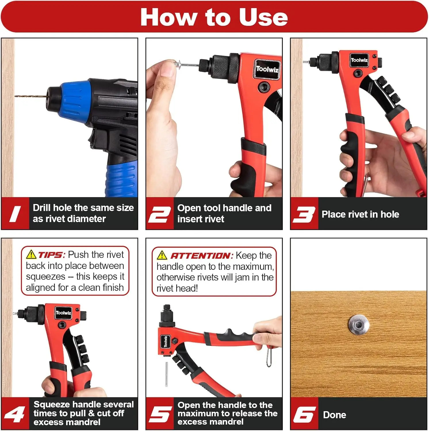 One-Handed Rivet Gun Kit with 200pcs Rivets, 4x Heads & 4x Bits - Heavy Duty for Metal, Wood, Plastic, Leather, Fabric