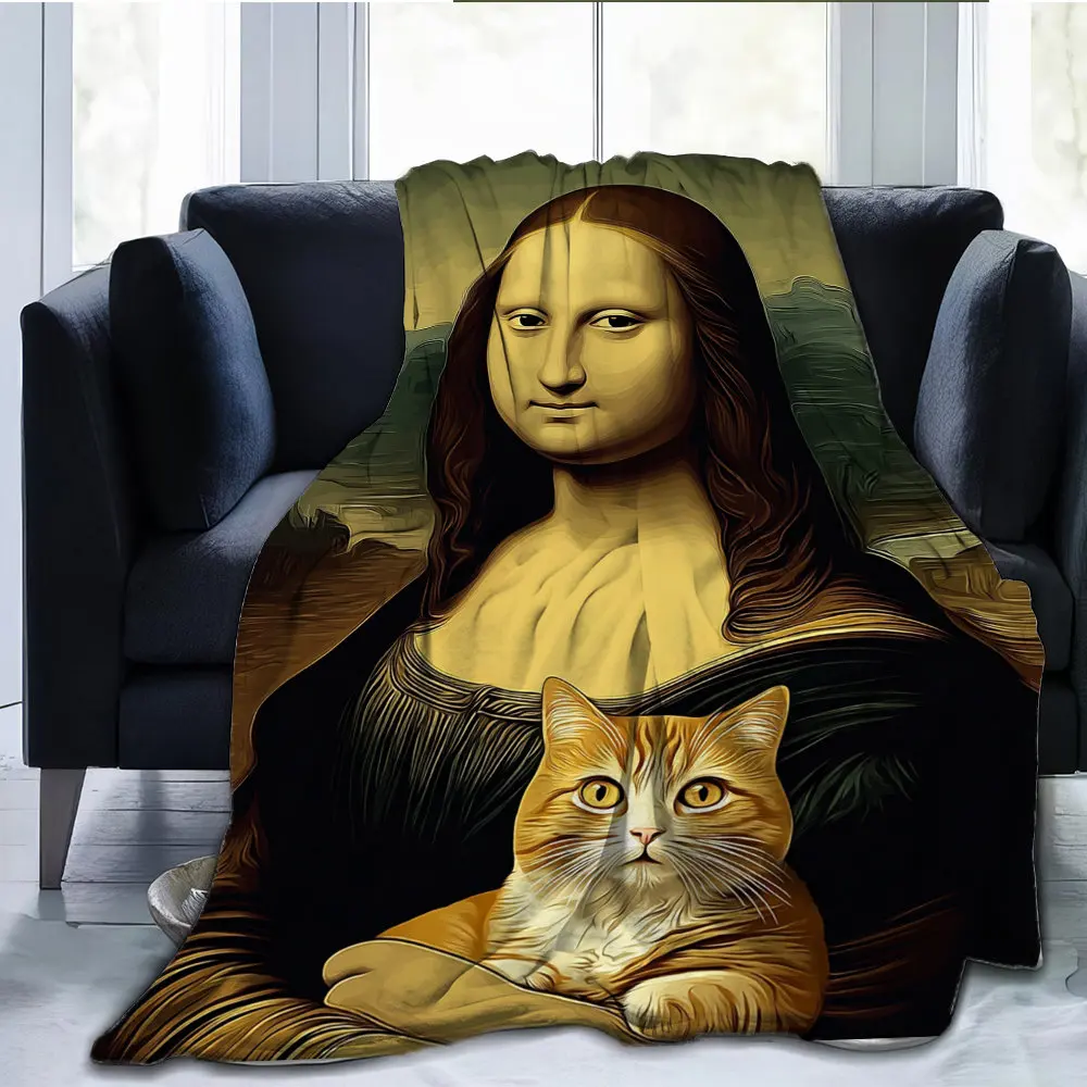 Interesting Mona Lisa and Cat Pattern Flannel printed blanket suitable for all seasons for living room office sofa and travel