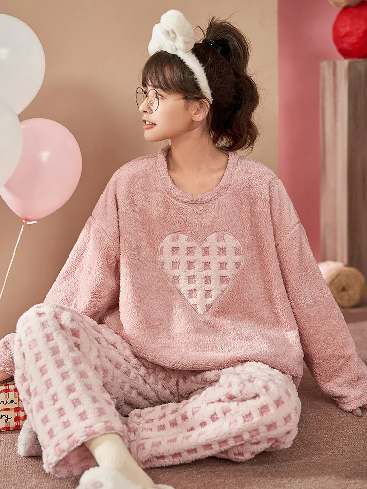 2Pcs Pajama Winter Flannel Love Print Women's Home Nightgown Sweet New Long Sleeve Pullover With Plaid Pants Girls Sleepwear Set