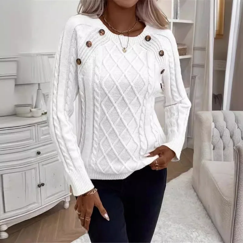 

Women Autumn Button Decoration Raglan Long Sleeve Ribbed Twisted Knitted Sweater Vintage Pullover Knitwear O Neck Casual 2025