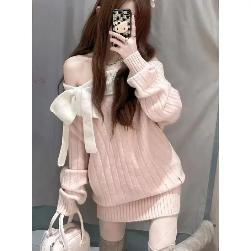 Autumn Sweet Women Dresses Slim Fit Pink Long Sleeve Sweater Dress Korean Fashion Elegant Party Outfits