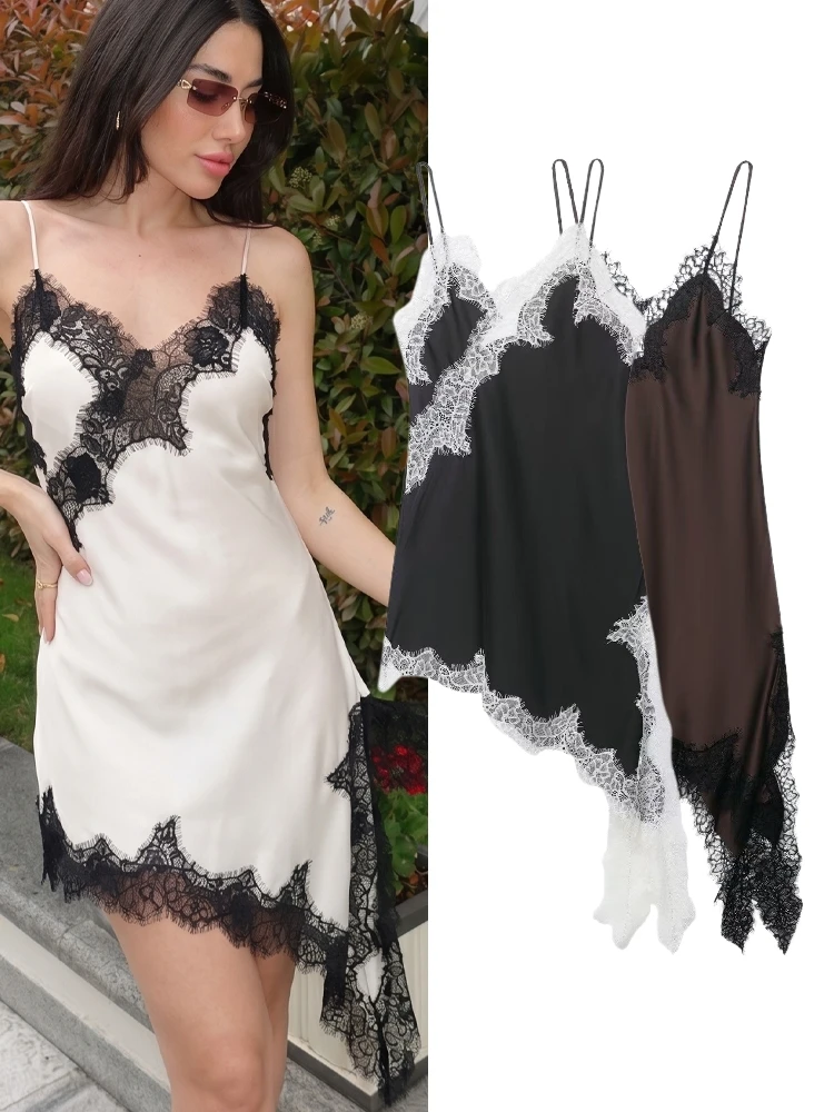 HH Damen Elegantes Asymmetrisches Kleid Ärmellos Rückenfrei V-Ausschnitt Modische Kleider Sexy Spitzenbesatz Mini-Strandkleid