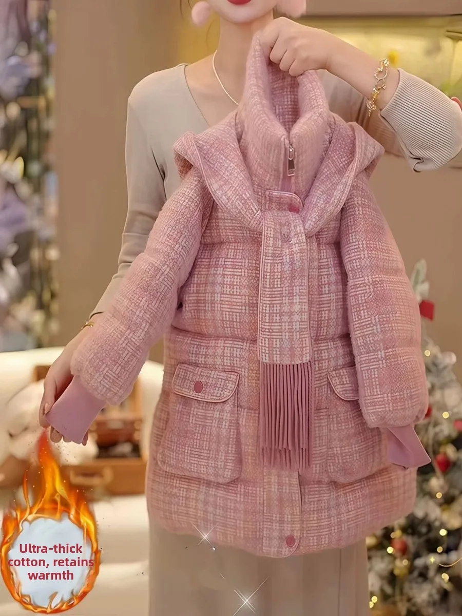 

Теплое зимнее пальто на подкладке для девочек, милая универсальная модная хлопковая одежда в клетку, длинная свевая молния с капюшоном