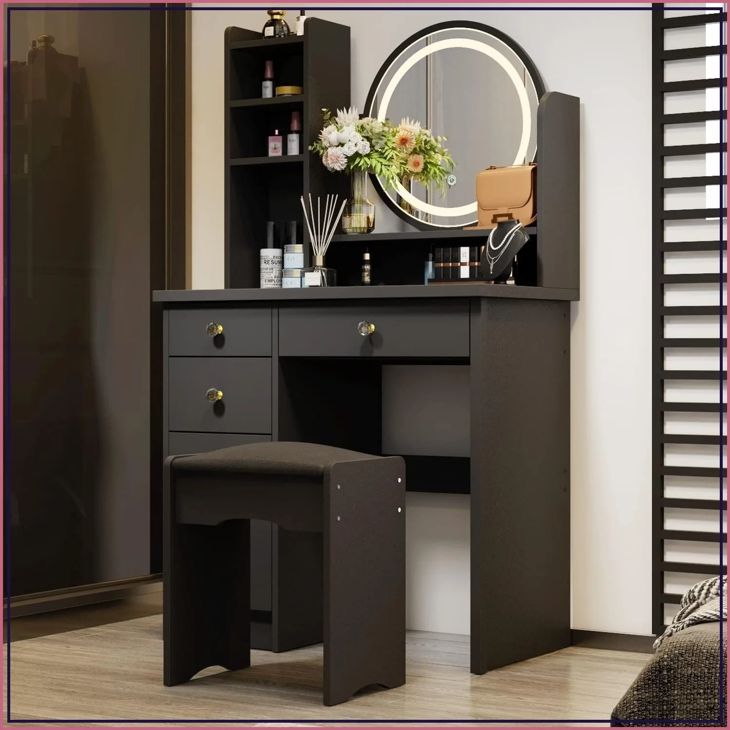 Vanity Desk Set with LED Round Mirror, 5 Drawers, Shelves, Cushioned Stool, Black Makeup Table