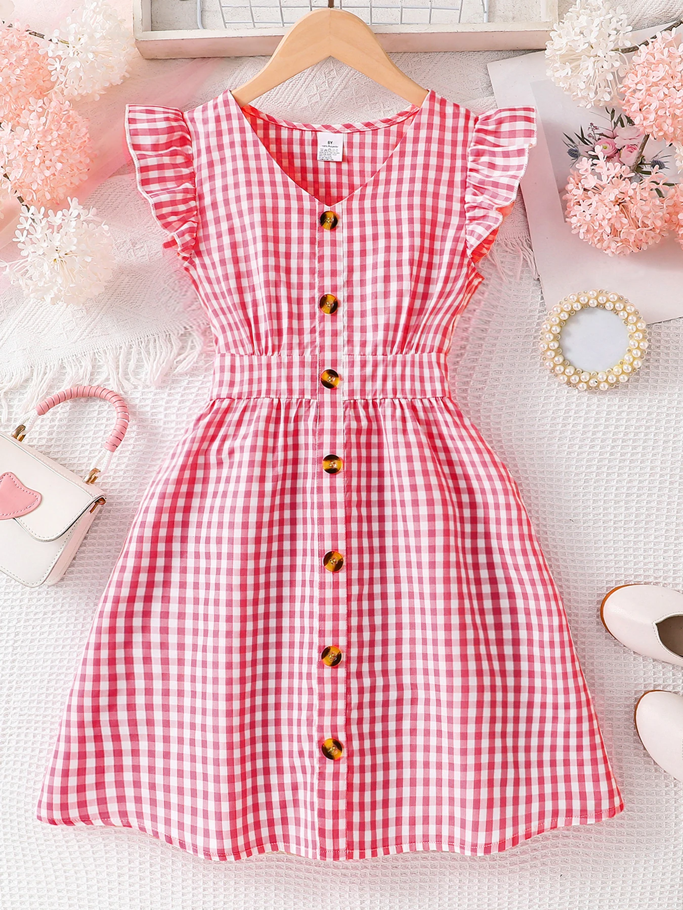 New Stylish and Simple Summer Dress for Girls with Buttoned Plaid and Flutter Sleeves in Red, Ladylike V-Neck Sweat-Wicking Casual Dress for Girls, Comfortable and Breathable Thin Summer Dress for Older Girls, Versatile and Sweet Summer Outfit for Children and Students, Suitable for Outdoor Activities and Vacations