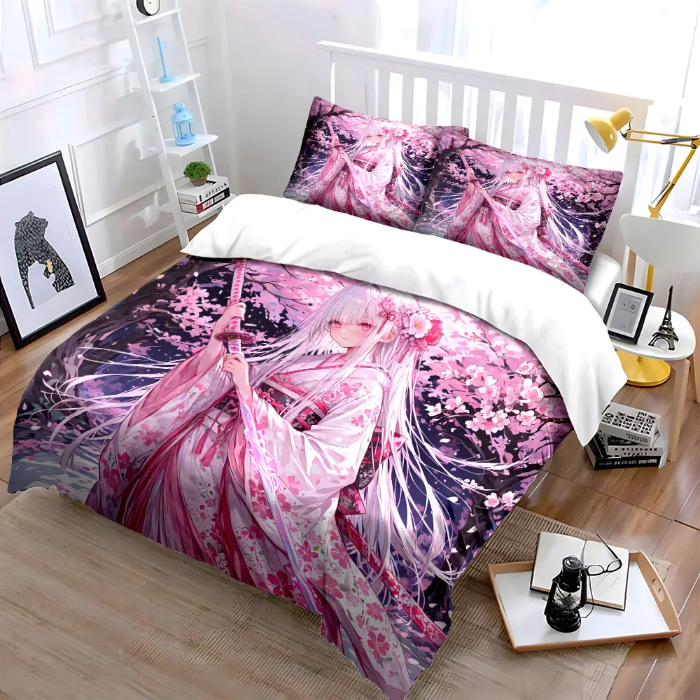 Japanese anime Girl kimono cherry blossoms Print Soft Comfortable Duvet Cover Bedding Set Included 1*Duvet Cover 2*Pillowcases