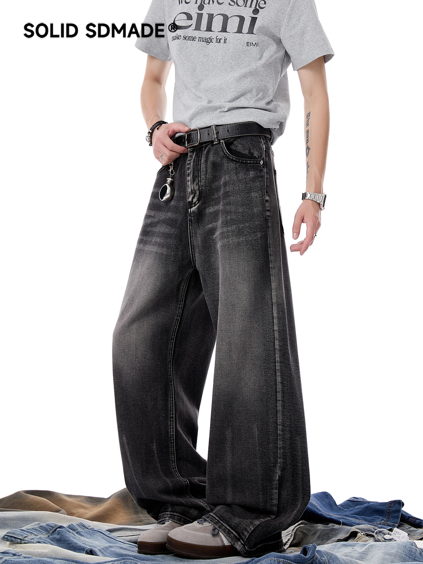 SDMADE American Retro Black Denim Jeans Men Women Loose Wide Leg Pants Wear Resistant Casual Straight Cut High Waist Zipper